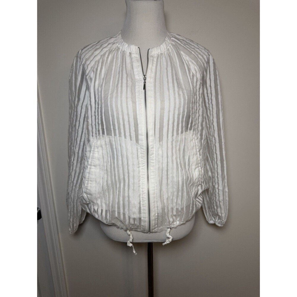 Zara Basic Sheer Striped Off White Zip Jacket Women’s Large Y2K Contemporary - Picture 2 of 7